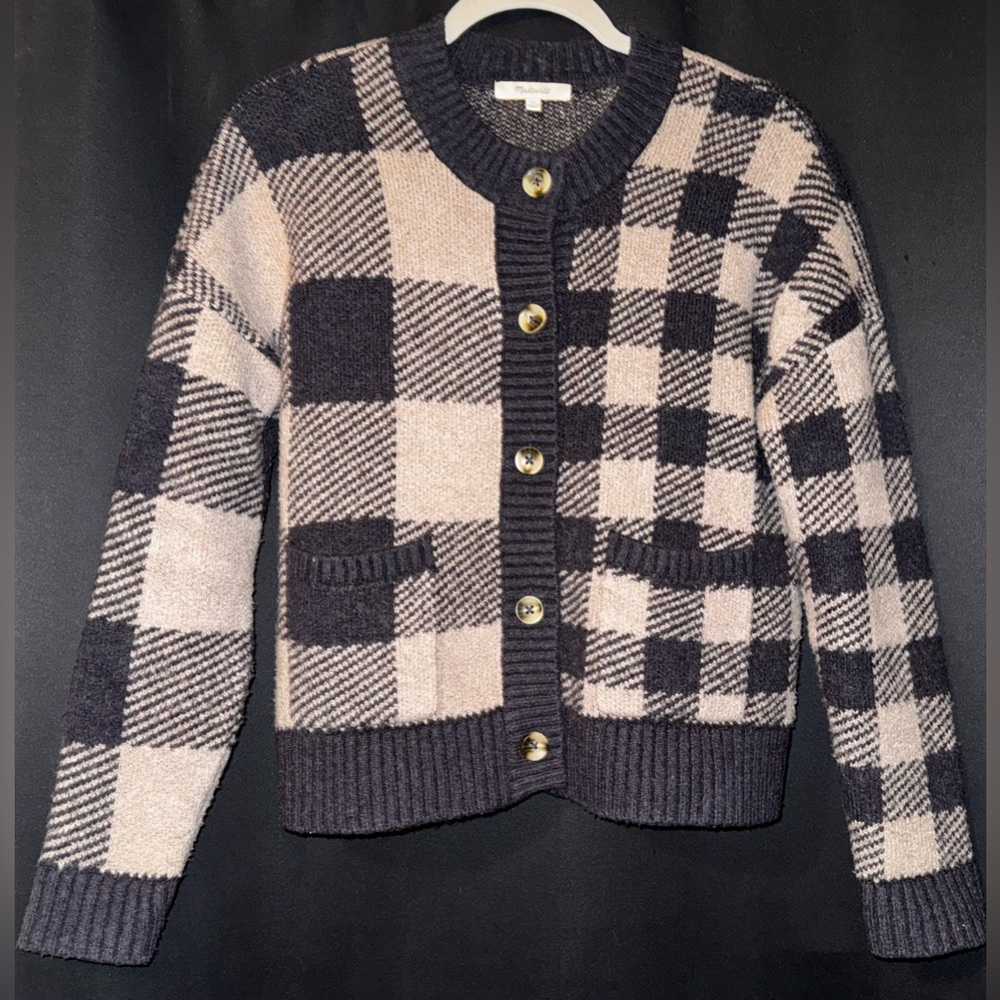 Madewell Plaid-Mix Colburne Cardigan Sweater in Coziest Yarn 
Heather Shadow XS - Picture 6 of 13